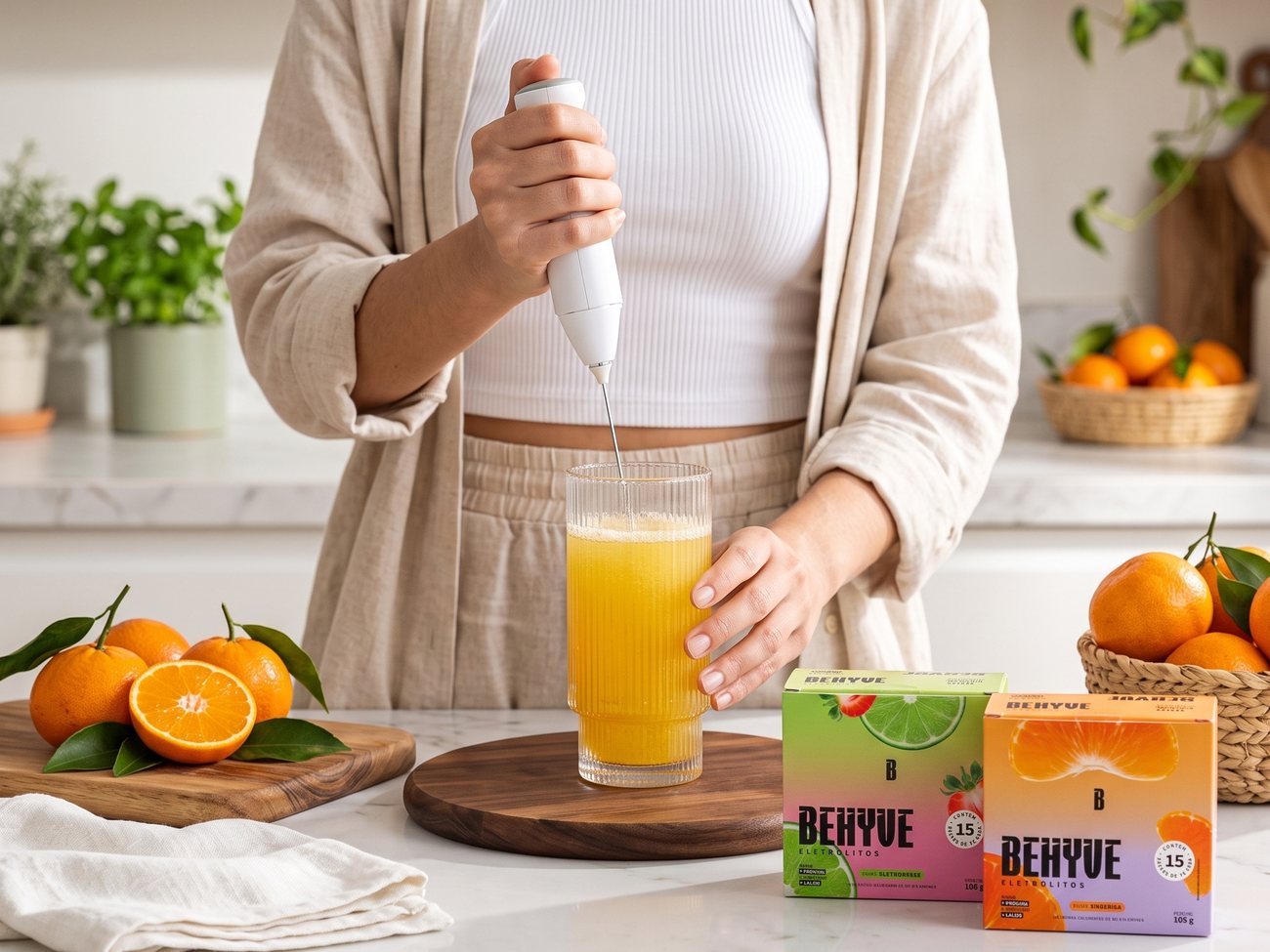 Mulher misturando BEHYVE Eletrólitos sabor Tangerina em um copo de água, com as caixas do produto na bancada