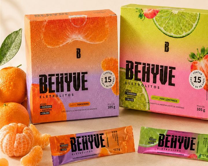 Caixas de BEHYVE Eletrólitos nos sabores Tangerina e Pink Lemonade